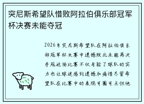 突尼斯希望队惜败阿拉伯俱乐部冠军杯决赛未能夺冠